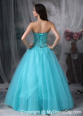 A-line Sweetheart Aque Blue prom Dress with Tulle Beading