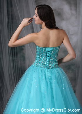 A-line Sweetheart Aque Blue prom Dress with Tulle Beading