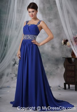 Straps Beaded Chiffon Brush Train Royal Blue Prom Dress