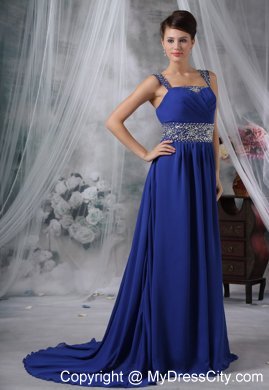 Straps Beaded Chiffon Brush Train Royal Blue Prom Dress