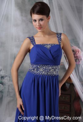 Straps Beaded Chiffon Brush Train Royal Blue Prom Dress