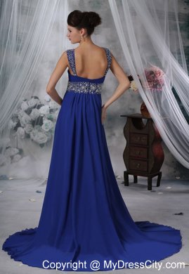 Straps Beaded Chiffon Brush Train Royal Blue Prom Dress