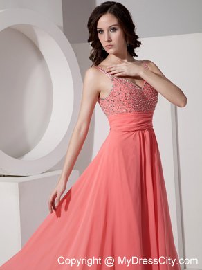 Chiffon nkle-length Watermelon Straps Prom Dress Beaded