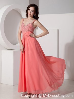 Chiffon nkle-length Watermelon Straps Prom Dress Beaded