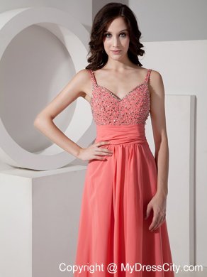 Chiffon nkle-length Watermelon Straps Prom Dress Beaded