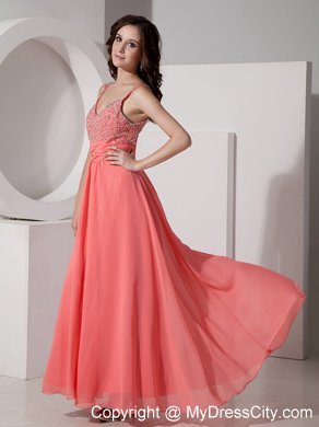 Chiffon nkle-length Watermelon Straps Prom Dress Beaded