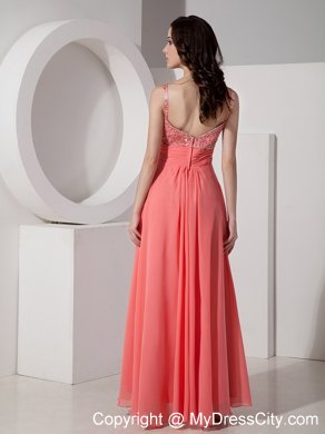 Chiffon nkle-length Watermelon Straps Prom Dress Beaded