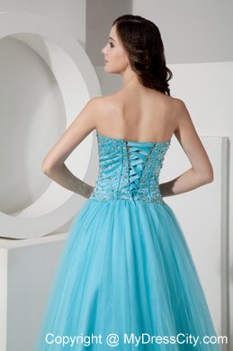 Light Blue Tulle A-Line Sweetheart Beaded Dress for Prom