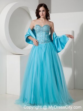 Light Blue Tulle A-Line Sweetheart Beaded Dress for Prom