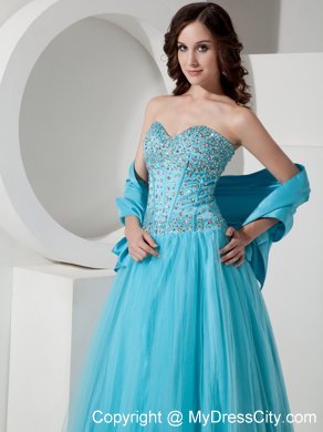 Light Blue Tulle A-Line Sweetheart Beaded Dress for Prom