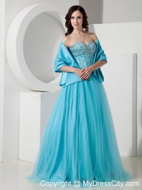 Light Blue Tulle A-Line Sweetheart Beaded Dress for Prom