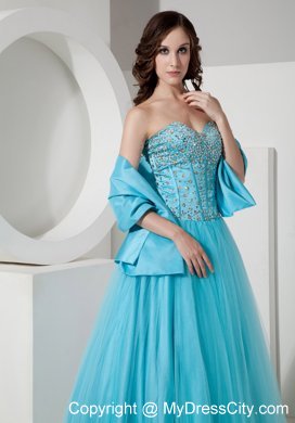 Light Blue Tulle A-Line Sweetheart Beaded Dress for Prom