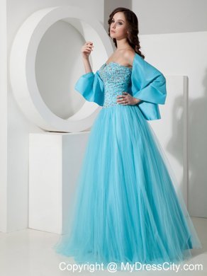 Light Blue Tulle A-Line Sweetheart Beaded Dress for Prom