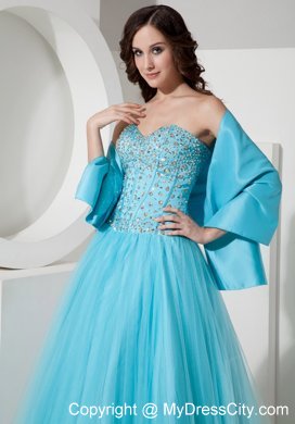 Light Blue Tulle A-Line Sweetheart Beaded Dress for Prom