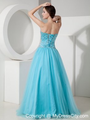 Light Blue Tulle A-Line Sweetheart Beaded Dress for Prom