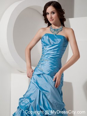 Taffeta Sky Blue Prom Dress Beaded with Strapless Pick-ups