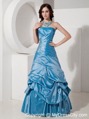 Taffeta Sky Blue Prom Dress Beaded with Strapless Pick-ups