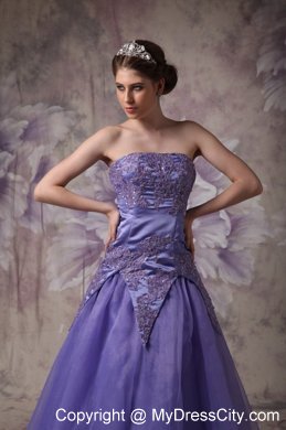 Strapless Purple A-line Appliques Prom Dress with zipper Back