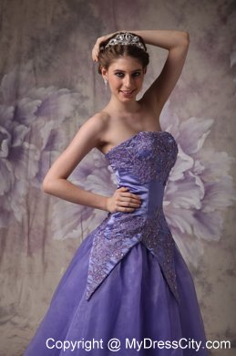 Strapless Purple A-line Appliques Prom Dress with zipper Back