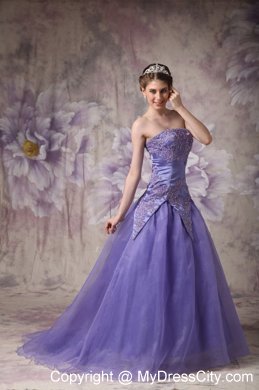 Strapless Purple A-line Appliques Prom Dress with zipper Back