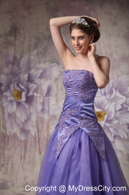 Strapless Purple A-line Appliques Prom Dress with zipper Back