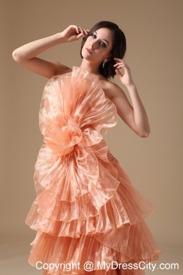 Multi-tiered Strapless Orange Red Organza Brush Prom Dress