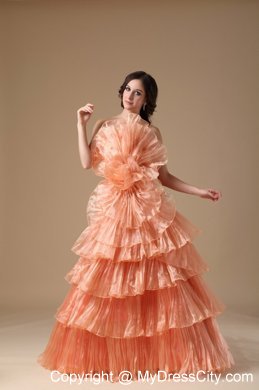 Multi-tiered Strapless Orange Red Organza Brush Prom Dress