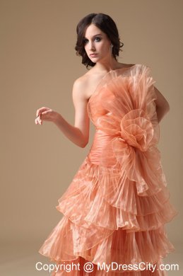 Multi-tiered Strapless Orange Red Organza Brush Prom Dress