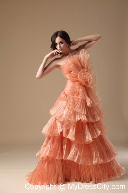 Multi-tiered Strapless Orange Red Organza Brush Prom Dress