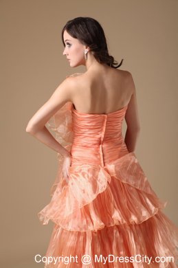 Multi-tiered Strapless Orange Red Organza Brush Prom Dress