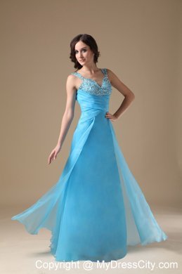 Aqua Blue Column Straps Organza Beading Prom Dress Ruched