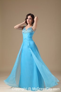 Aqua Blue Column Straps Organza Beading Prom Dress Ruched