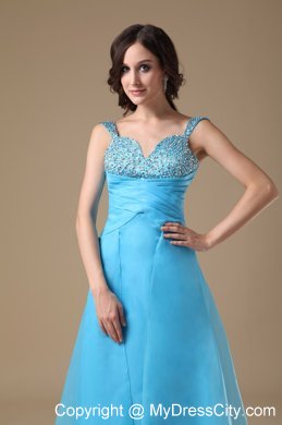 Aqua Blue Column Straps Organza Beading Prom Dress Ruched