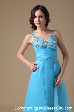 Aqua Blue Column Straps Organza Beading Prom Dress Ruched