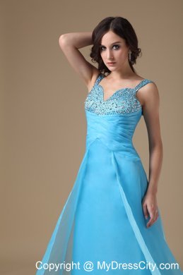 Aqua Blue Column Straps Organza Beading Prom Dress Ruched