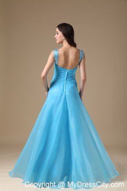 Aqua Blue Column Straps Organza Beading Prom Dress Ruched