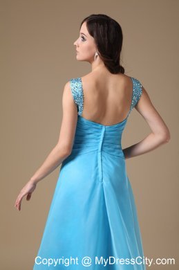 Aqua Blue Column Straps Organza Beading Prom Dress Ruched