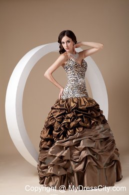 Brown Taffeta Leopard Ball Gown Prom Dress with Pick-ups