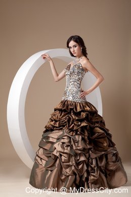 Brown Taffeta Leopard Ball Gown Prom Dress with Pick-ups