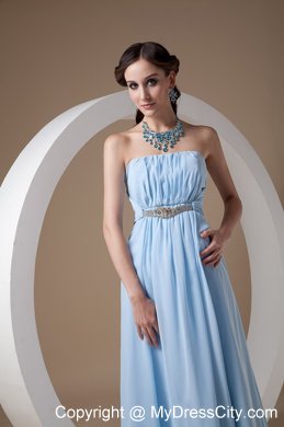 Light Blue Chiffon Empire Strapless Prom Dress with Beadwork