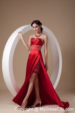 Wine Red Sweetheart Beads Brush Prom Gown with High Slit