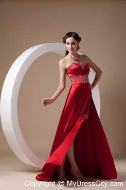 Wine Red Sweetheart Beads Brush Prom Gown with High Slit