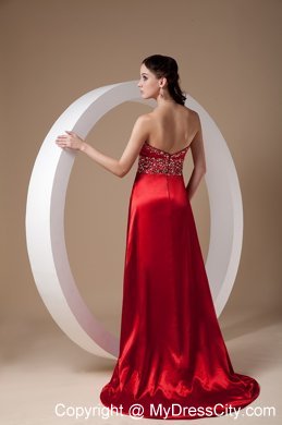 Wine Red Sweetheart Beads Brush Prom Gown with High Slit