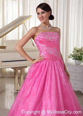 A-line Rose Pink Ruched Prom Dress With Embroidery Beading