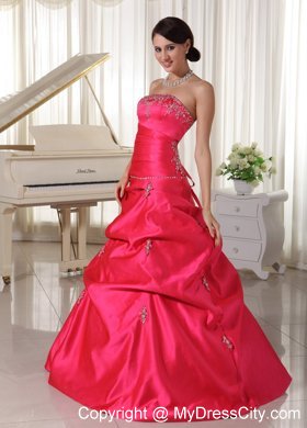 Taffeta Coral Red Appliques Beaded Prom Dress With Pick-ups