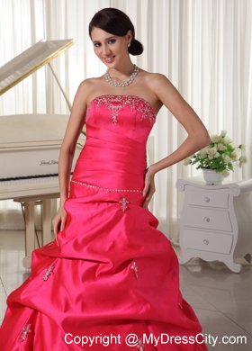 Taffeta Coral Red Appliques Beaded Prom Dress With Pick-ups