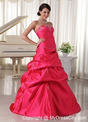 Taffeta Coral Red Appliques Beaded Prom Dress With Pick-ups