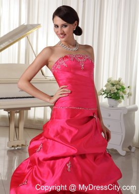 Taffeta Coral Red Appliques Beaded Prom Dress With Pick-ups