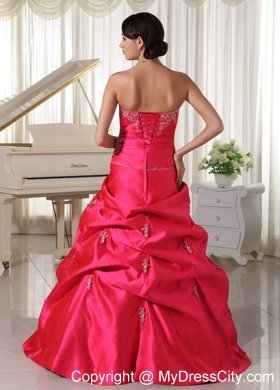 Taffeta Coral Red Appliques Beaded Prom Dress With Pick-ups