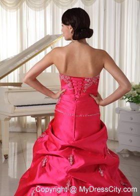 Taffeta Coral Red Appliques Beaded Prom Dress With Pick-ups